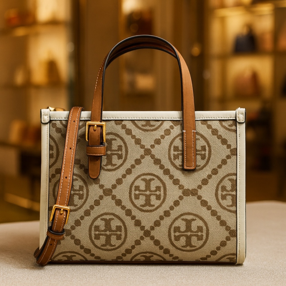 NEW Tory Burch T Monogram Hazel/Ivory Jacquard Mini Tote w/ Crossbody Long Strap